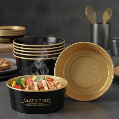Lekvrije Zwart Gouden Papieren Kom met 230gsm Papier en Goudfolie voor 1,5oz tot 4oz Voedselbediening